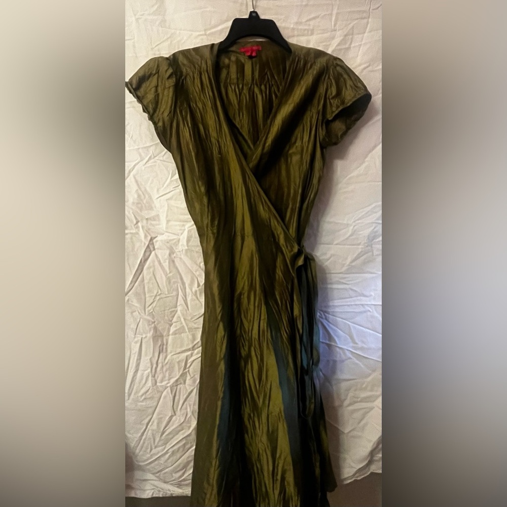 Olive Green Silk Wrap Dress - Women